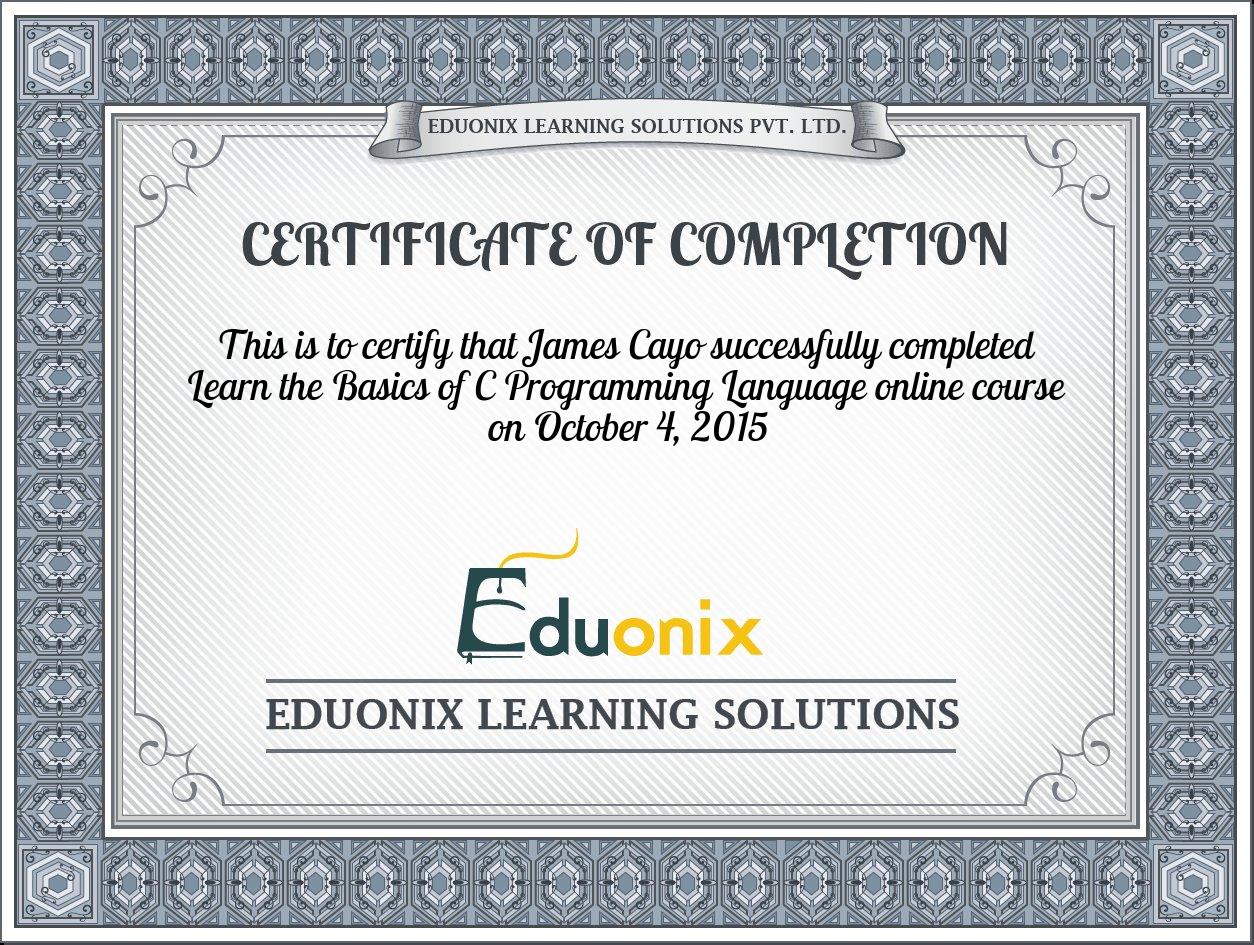 Completion certificate for Learn the Basics of C Programming Language