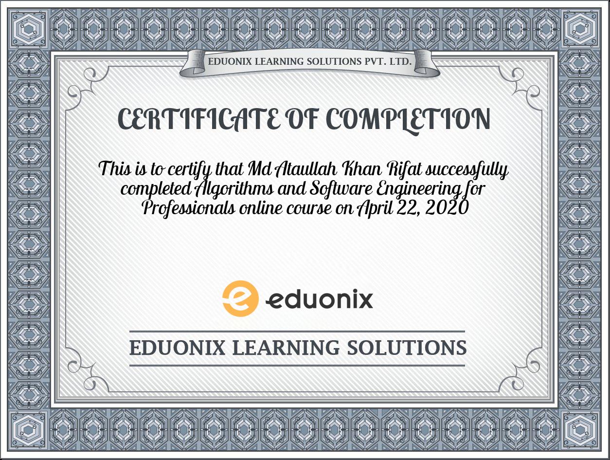 Completion certificate for Algorithms and Software Engineering for ...