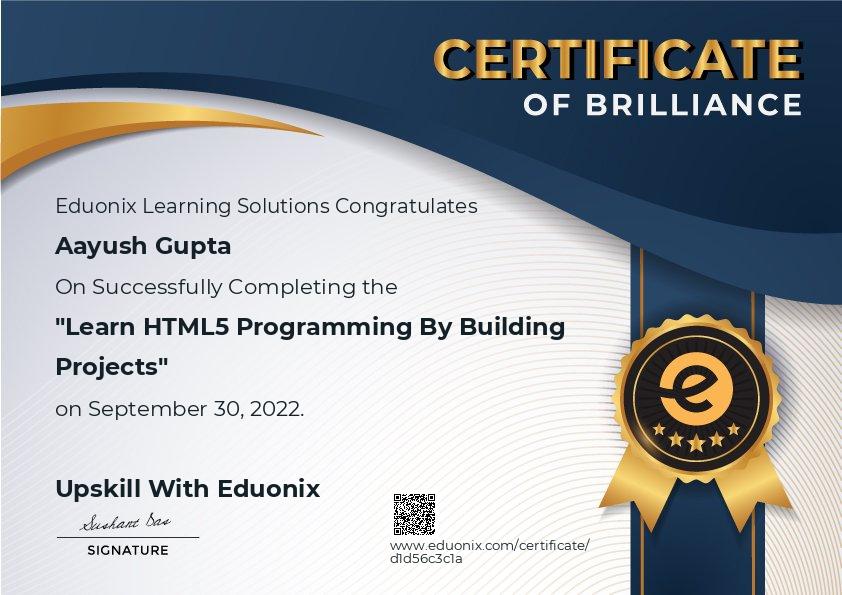 Completion certificate for Learn HTML5 Programming By Building Projects