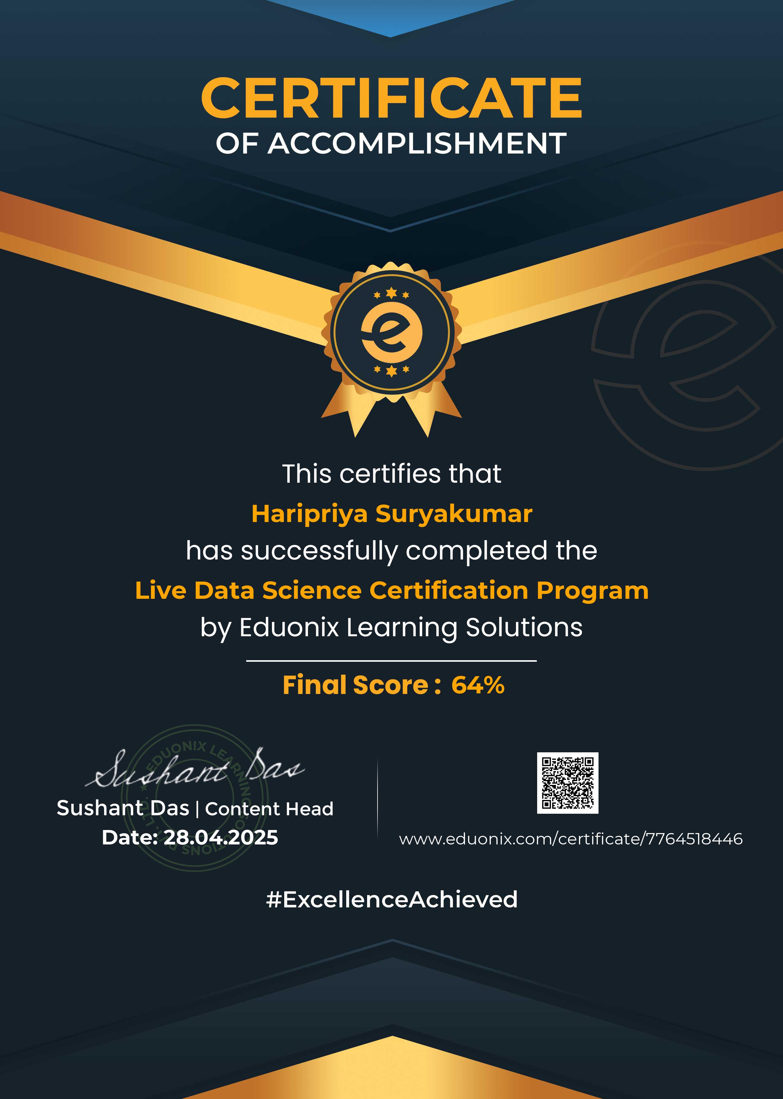 Completion certificate for Live Data Science Certification Program