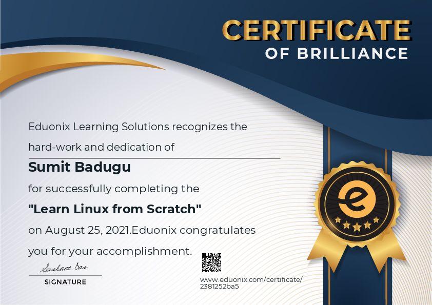 Completion certificate for Learn Linux from Scratch