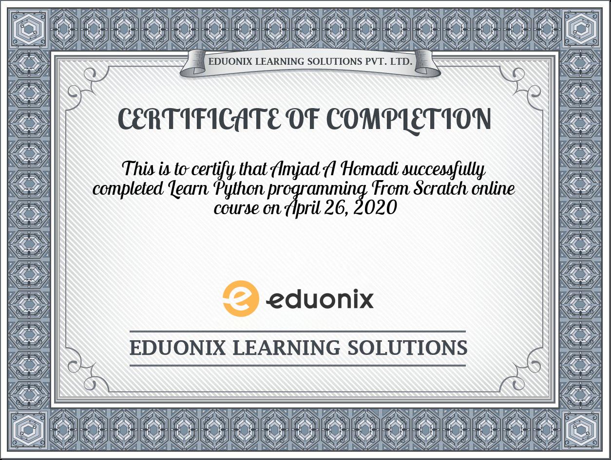 Completion certificate for Learn Python programming From Scratch