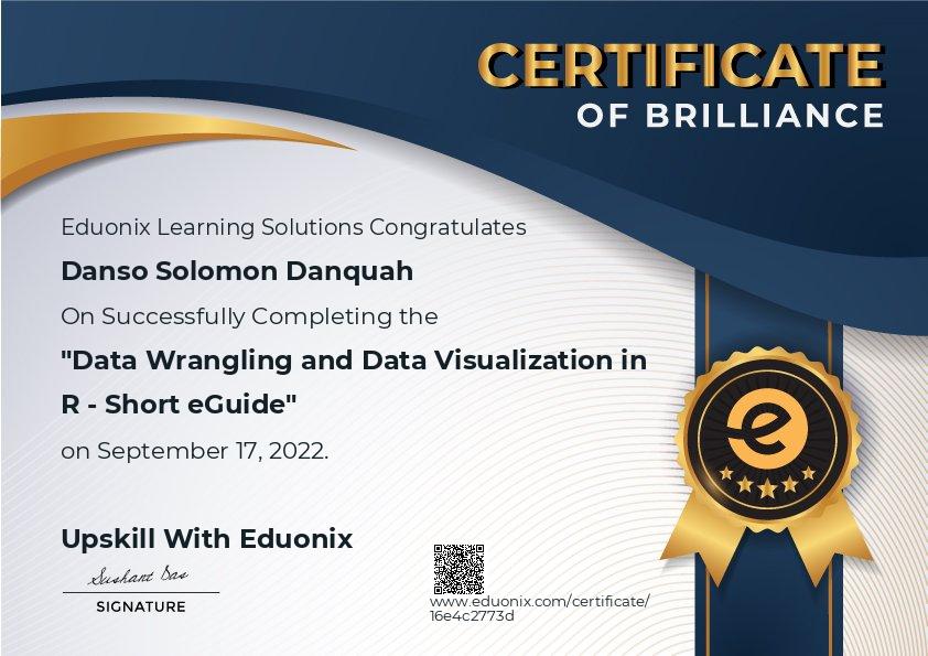 Completion certificate for Data Wrangling and Data Visualization in R ...