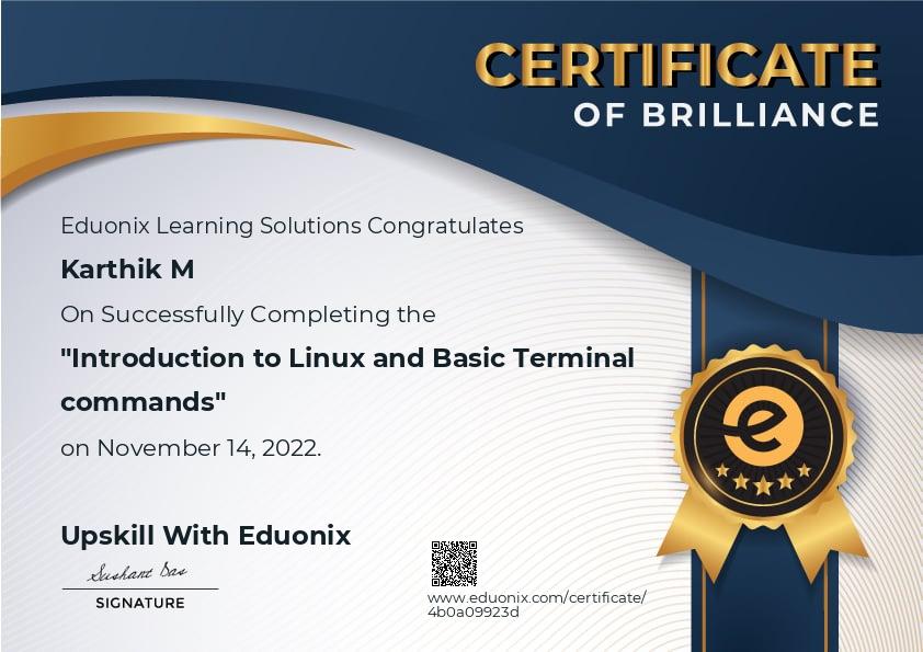 Completion certificate for Introduction to Linux and Basic Terminal ...