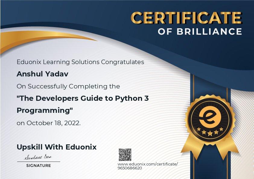 Completion certificate for The Developers Guide to Python 3 Programming