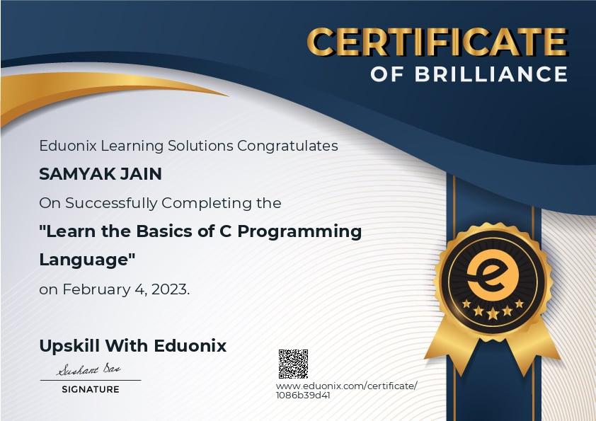 Completion certificate for Learn the Basics of C Programming Language